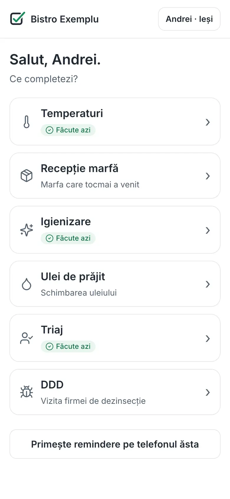 Meniul registrelor, cu „Făcute azi” (date demonstrative)