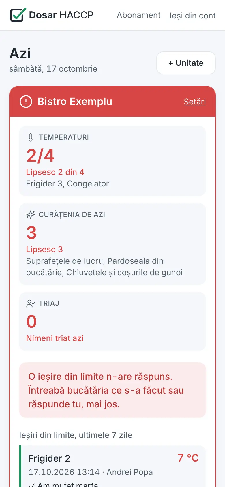 Tabloul patronului, roșu: lipsesc două temperaturi (date demonstrative)