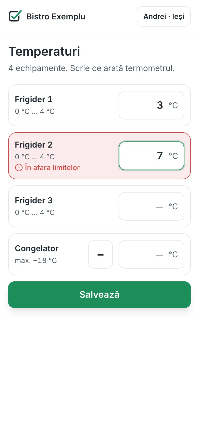 Bucătarul completează cu PIN-ul lui (date demonstrative)
